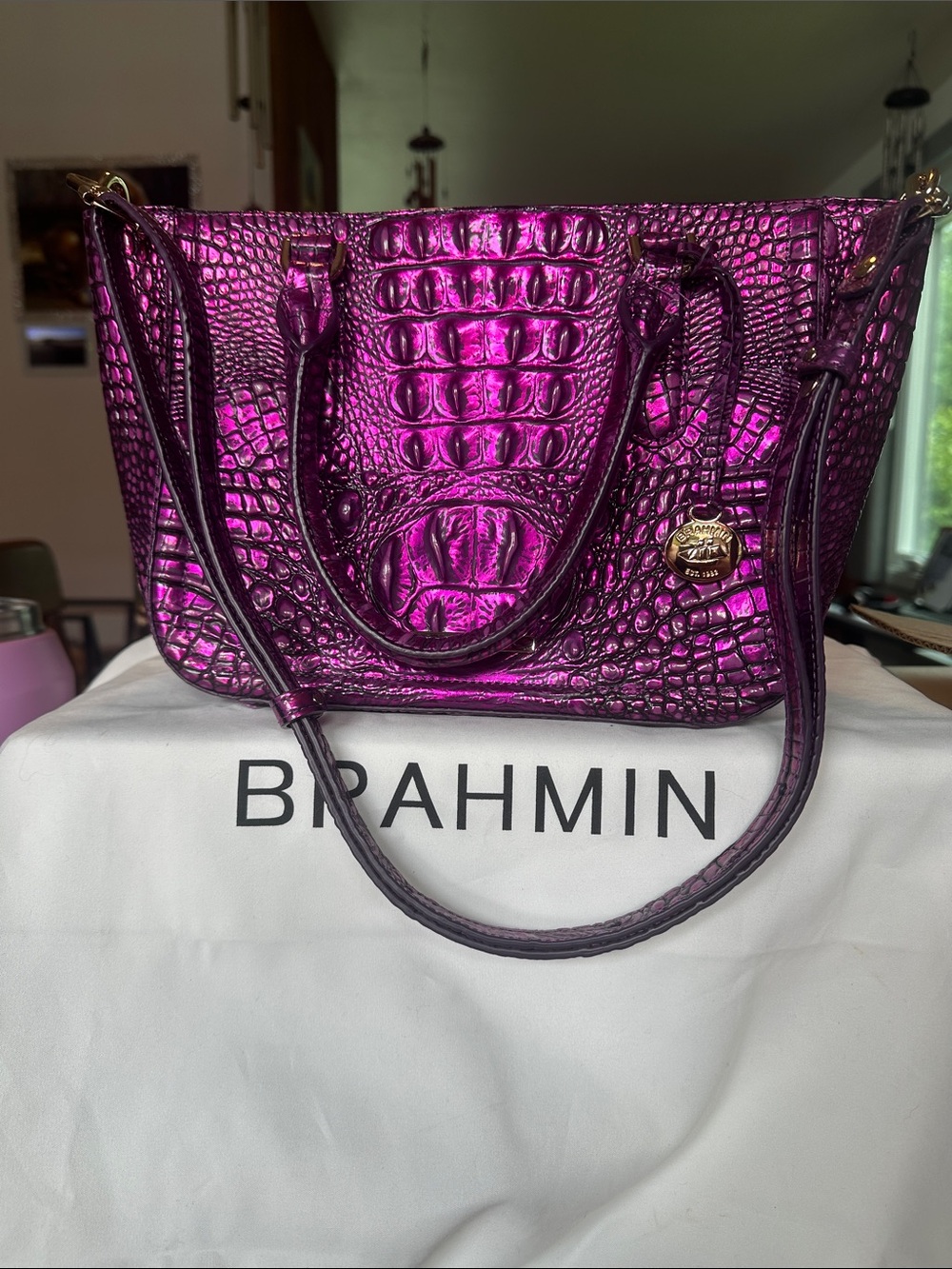 Brahmin Metallic Fuchsia Croc-Embossed Satchel